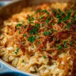Delicious French Onion Chicken Orzo Casserole served in a dish