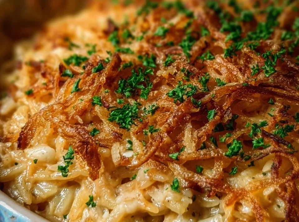 French Onion Chicken Orzo Casserole