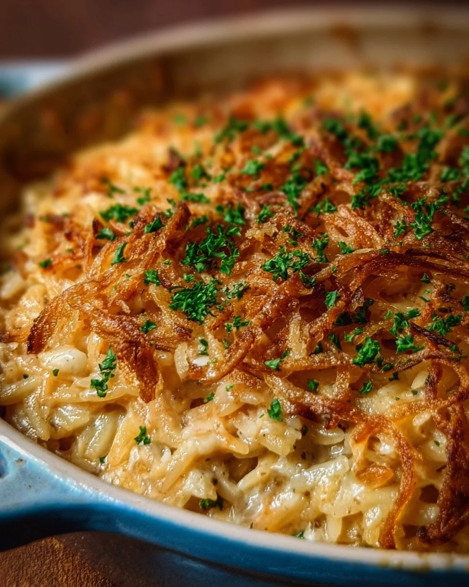 A comforting casserole infused with the flavors of French onion soup.