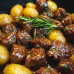 Garlic butter beef bites served with tender potatoes